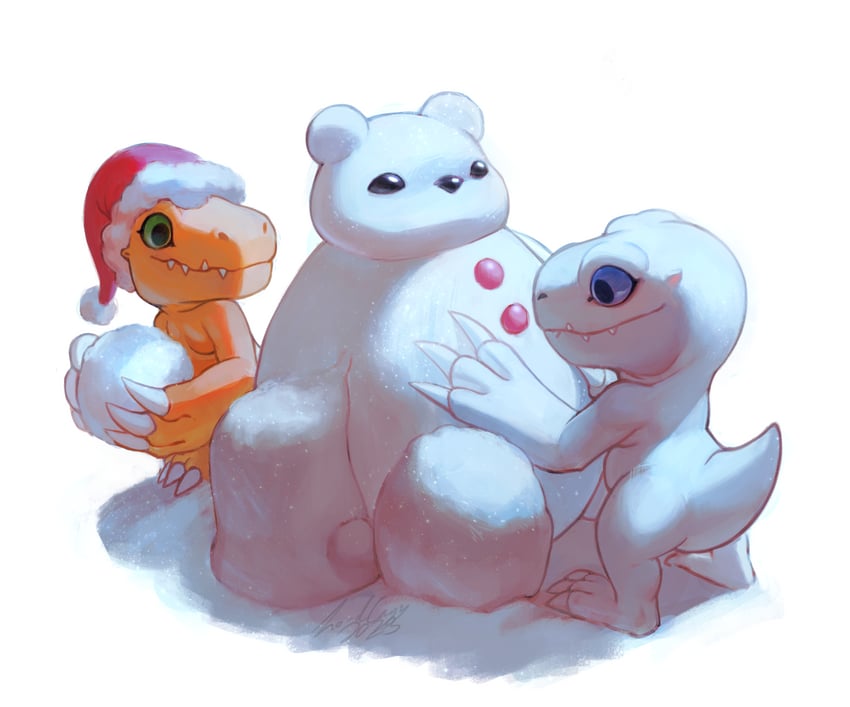 agumon, yukidarumon, yukiagumon, and santaagumon (digimon) drawn by lordcayy