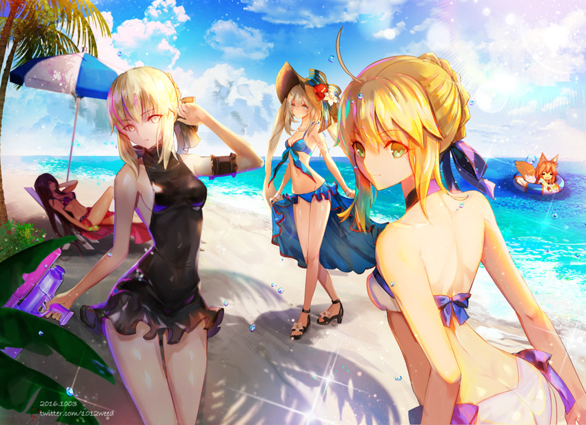 artoria pendragon, tamamo, scathach, saber alter, tamamo no mae, and 1 more (fate and 3 more) drawn by weed_(astarone)