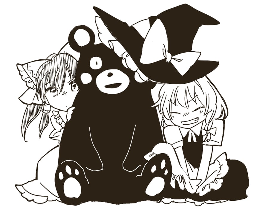 hakurei reimu, kirisame marisa, and kumamon (original and 1 more) drawn by yonu_(yonurime)