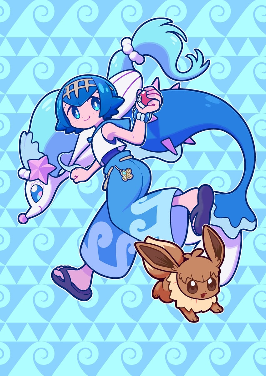 eevee, lana, and primarina (pokemon and 1 more) drawn by bear_ringer