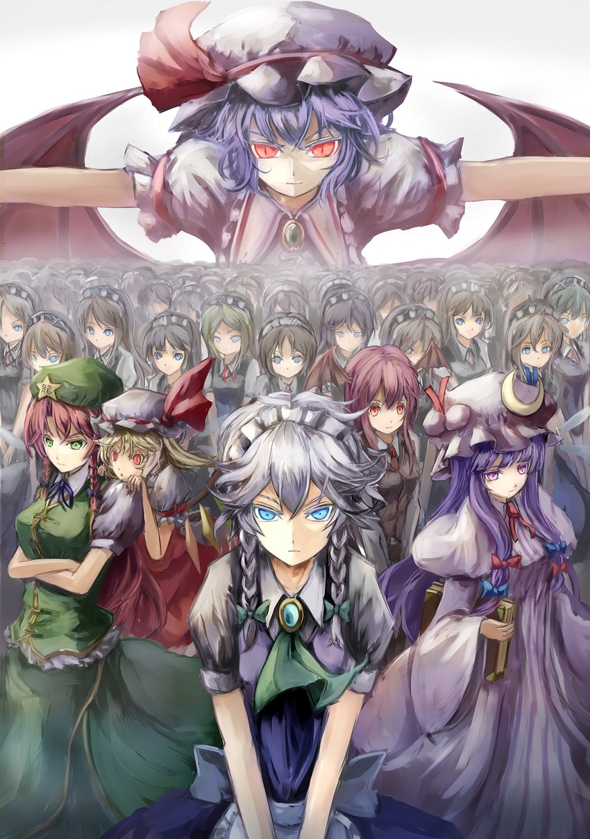 remilia scarlet, flandre scarlet, izayoi sakuya, patchouli knowledge, hong meiling, and 2 more (touhou) drawn by uutan_(shibainu_kakumei)
