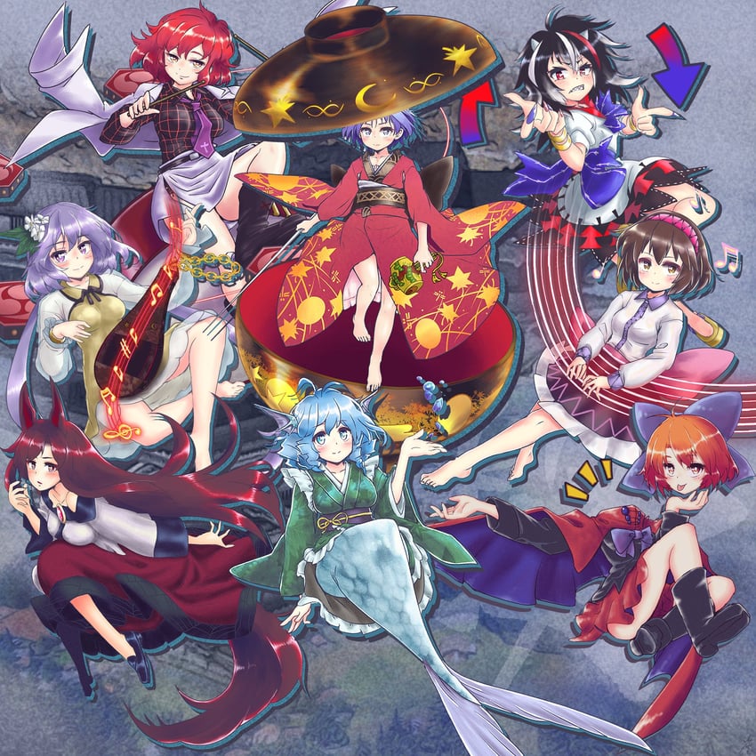 imaizumi kagerou, sekibanki, kijin seija, sukuna shinmyoumaru, wakasagihime, and 3 more (touhou and 1 more) drawn by carbohydrate_(asta4282)