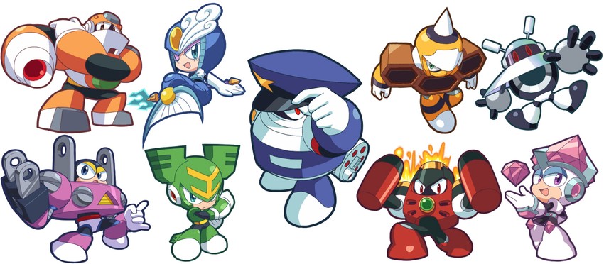 splash woman, tornado man, galaxy man, jewel man, plug man, and 4 more (mega man and 2 more) drawn by kin_niku