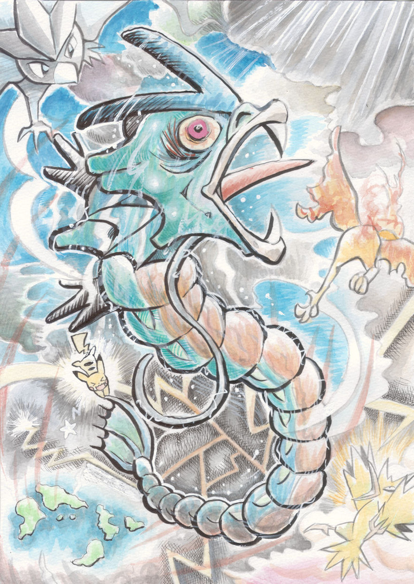 pikachu, gyarados, articuno, zapdos, and moltres (pokemon) drawn by oda_takashi