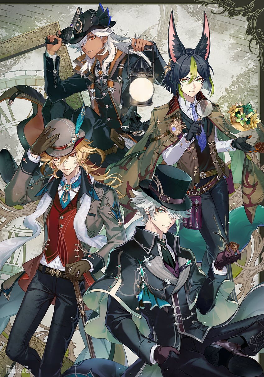 alhaitham, tighnari, kaveh, and cyno (genshin impact) drawn by darkavey