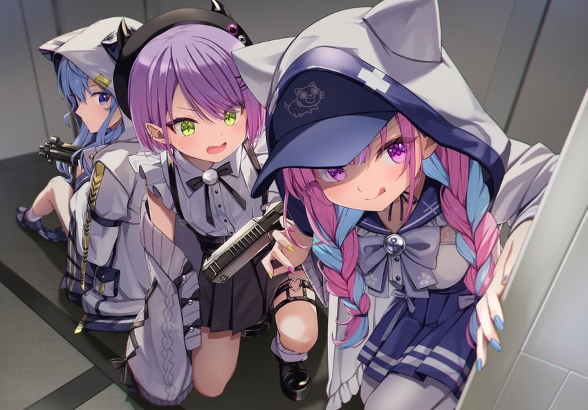 hoshimachi suisei, minato aqua, and tokoyami towa (hololive) drawn by summer_tail720
