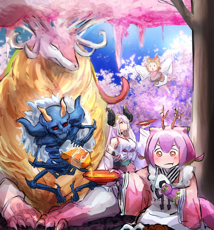 laundry dragonmaid, ash blossom & joyous spring, red blossoms from underroot, terrors of the afterroot, and nowru aries the vernal dragon (yu-gi-oh!) drawn by hatano_kiyoshi