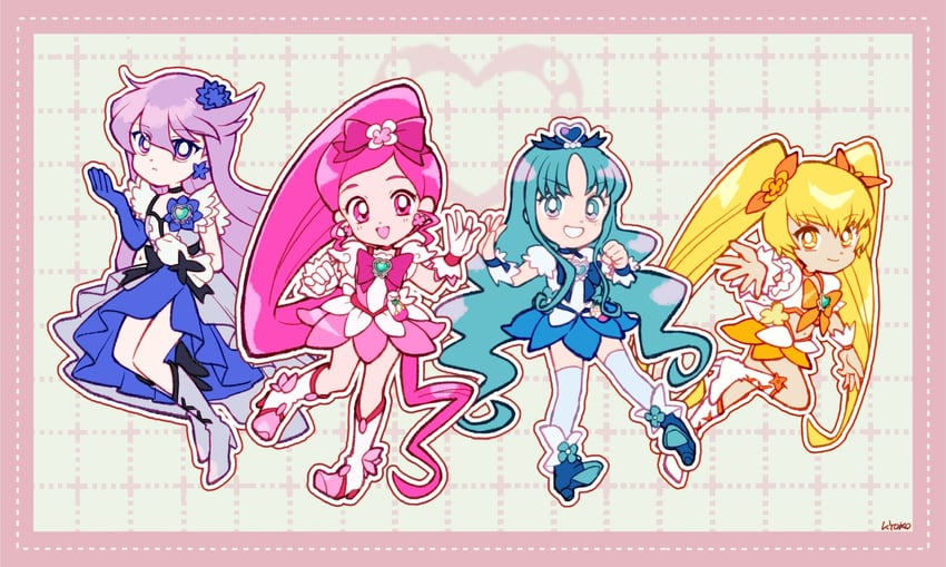 kurumi erika, hanasaki tsubomi, myoudouin itsuki, cure marine, cure blossom, and 2 more (precure and 1 more) drawn by uwded_207