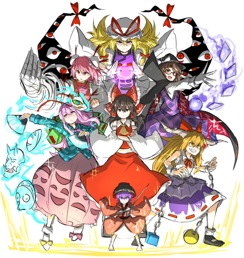 hakurei reimu, yakumo yukari, ibuki suika, hata no kokoro, ibaraki kasen, and 2 more (touhou) drawn by kankan33333