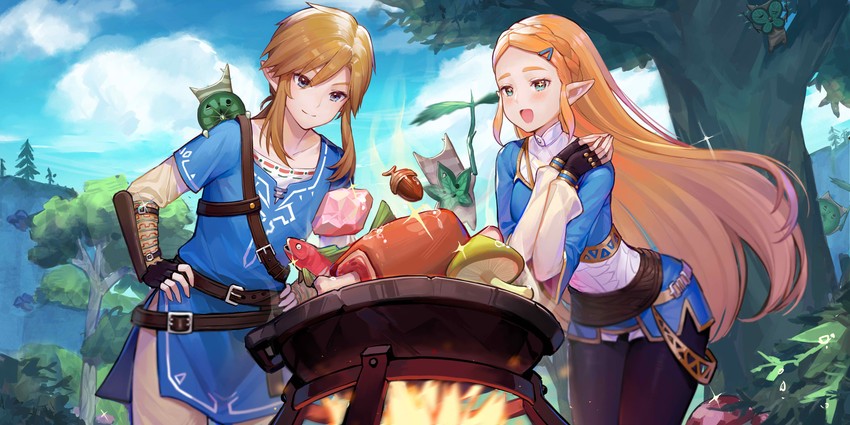 link, princess zelda, and korok (the legend of zelda and 1 more) drawn by mo_xiaoxue