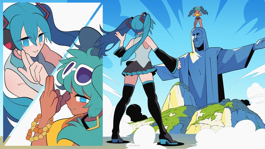 hatsune miku, brazilian miku, and jesus (vocaloid and 1 more) drawn by flipherrrr