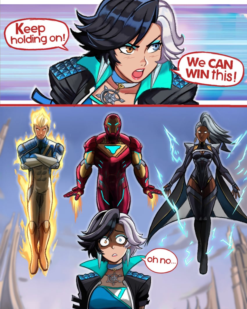 iron man, luna snow, storm, and johnny storm (marvel and 5 more) drawn by neggoartz