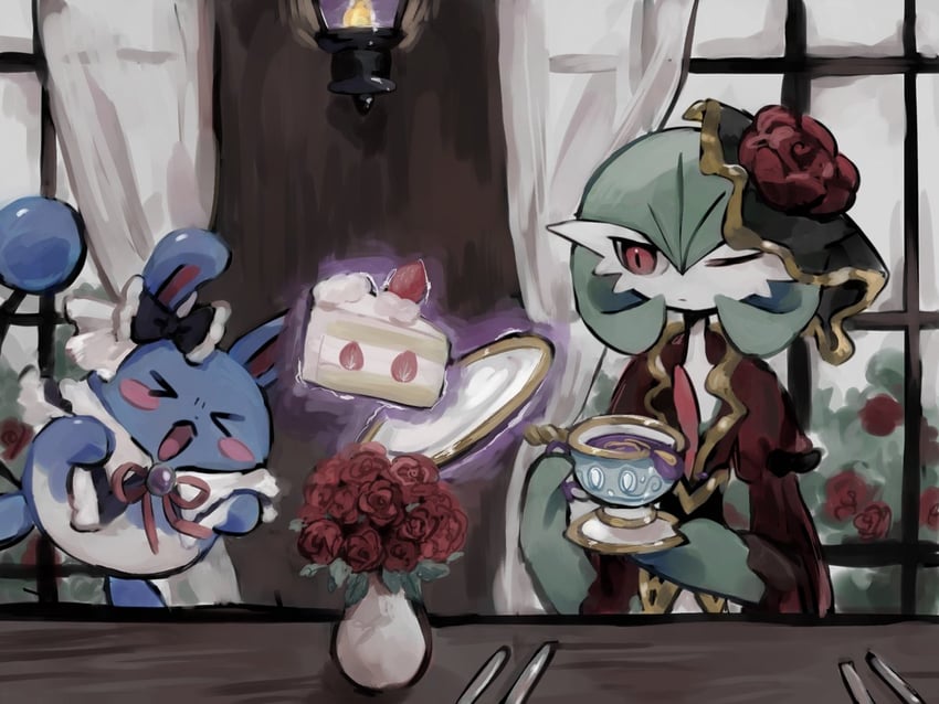 gardevoir, azumarill, and sinistea (pokemon and 1 more) drawn by mame_(nanase_pk)