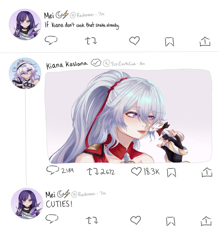 kiana kaslana, raiden mei, and rice cake (honkai and 1 more) drawn by queen_yuri_ii
