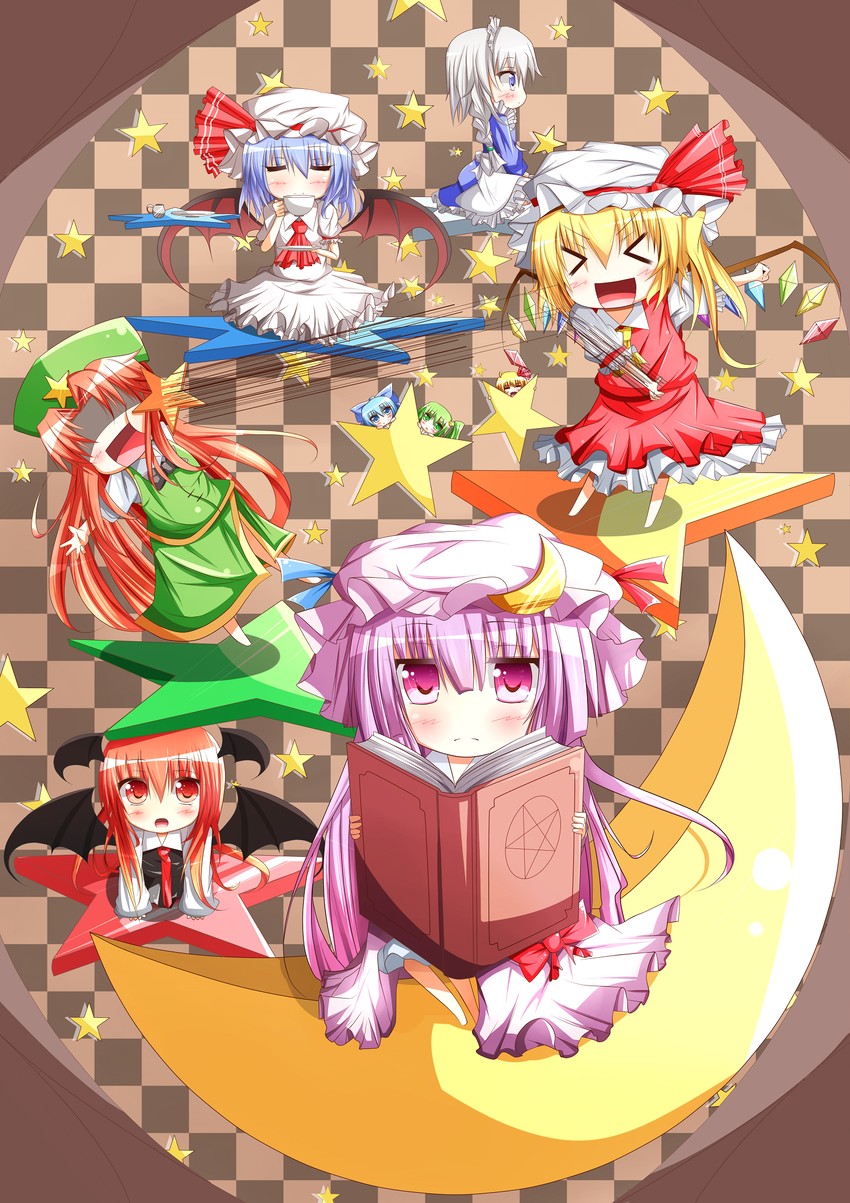 remilia scarlet, flandre scarlet, izayoi sakuya, cirno, patchouli knowledge, and 4 more (touhou and 1 more) drawn by warabi_mochi_(ehimedaisuki)