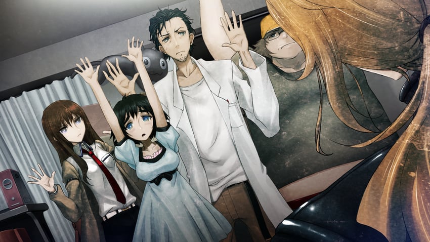 makise kurisu, okabe rintarou, shiina mayuri, hashida itaru, and kiryuu moeka (steins;gate) drawn by huke