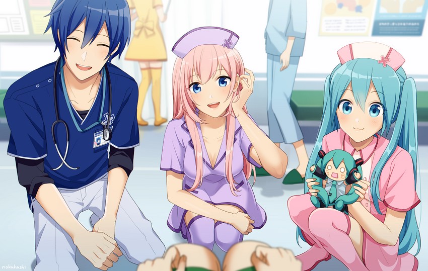 hatsune miku, megurine luka, kaito, and hachune miku (vocaloid and 1 more) drawn by nokuhashi