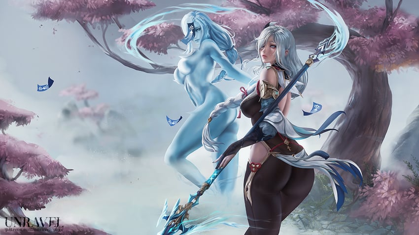 shenhe and shenhe's talisman spirit (genshin impact) drawn by unravel_page