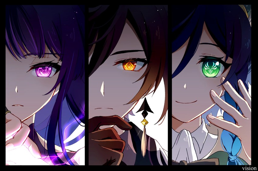 raiden shogun, zhongli, and venti (genshin impact) drawn by yuuzatta