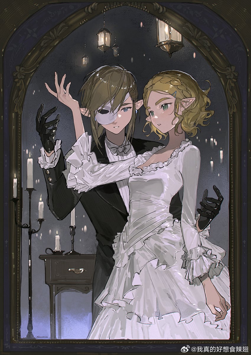 link, princess zelda, erik, and christine daae (the legend of zelda and 2 more) drawn by akihare