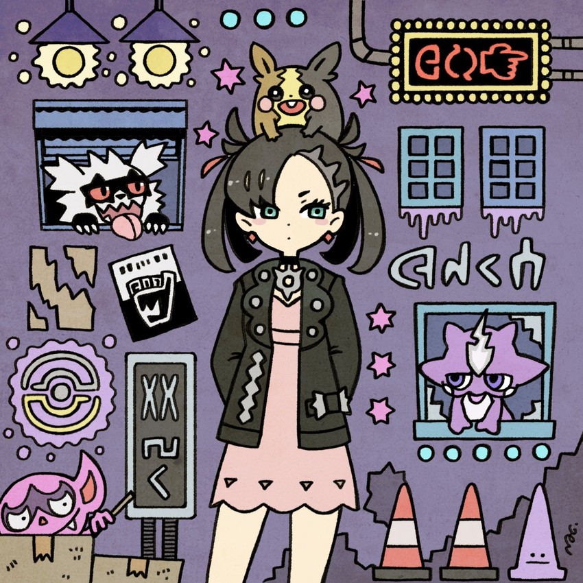 marnie, morpeko, ditto, transformed ditto, galarian zigzagoon, and 2 more (pokemon and 1 more) drawn by garouma