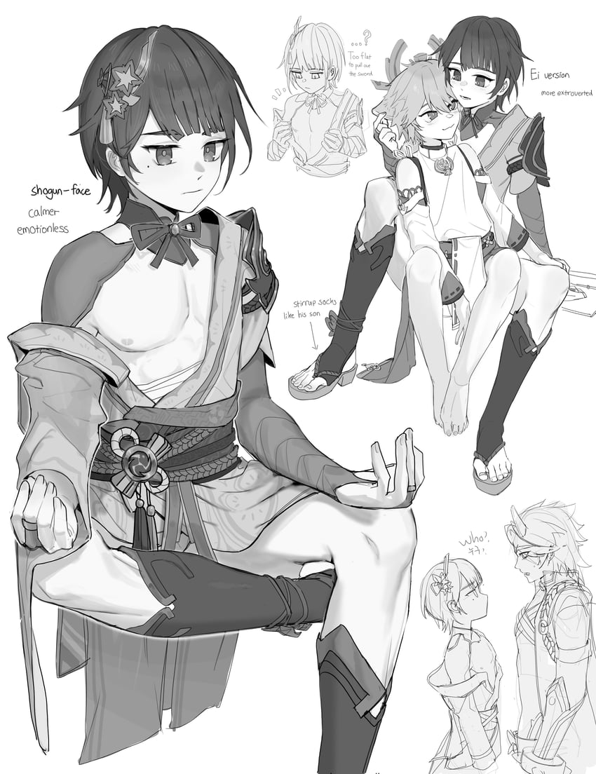 raiden shogun, yae miko, and arataki itto (genshin impact) drawn by bana_gameg