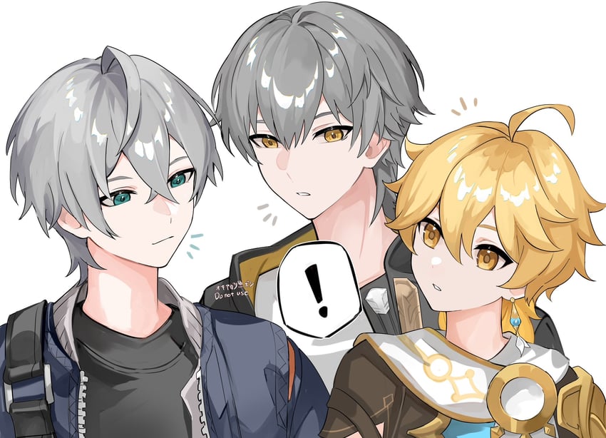 trailblazer, aether, caelus, and wise (genshin impact and 4 more) drawn by okkobc