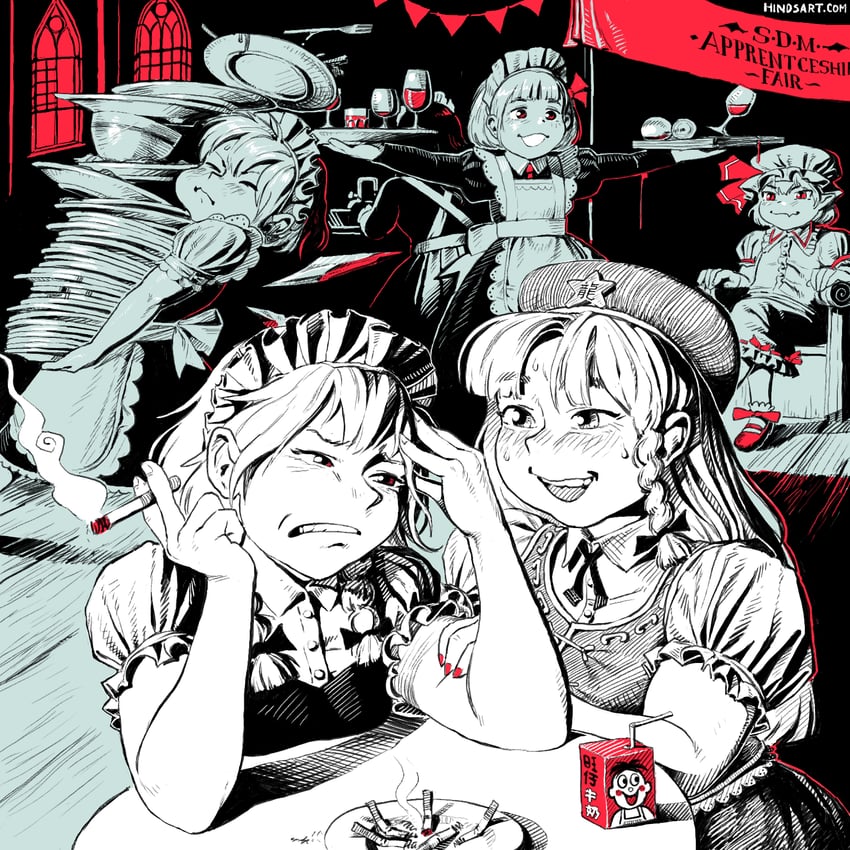 remilia scarlet, izayoi sakuya, cirno, hong meiling, and rumia (touhou) drawn by hindsart