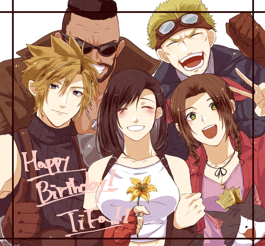 tifa lockhart, cloud strife, aerith gainsborough, barret wallace, cait sith, and 1 more (final fantasy and 1 more) drawn by wan_tarowou32