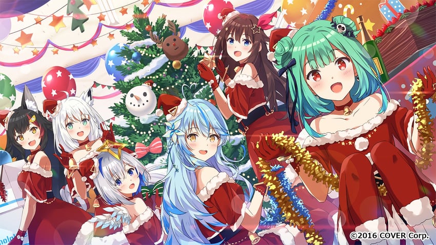 shirakami fubuki, ookami mio, amane kanata, yukihana lamy, uruha rushia, and 1 more (hololive) drawn by narumi_nanami