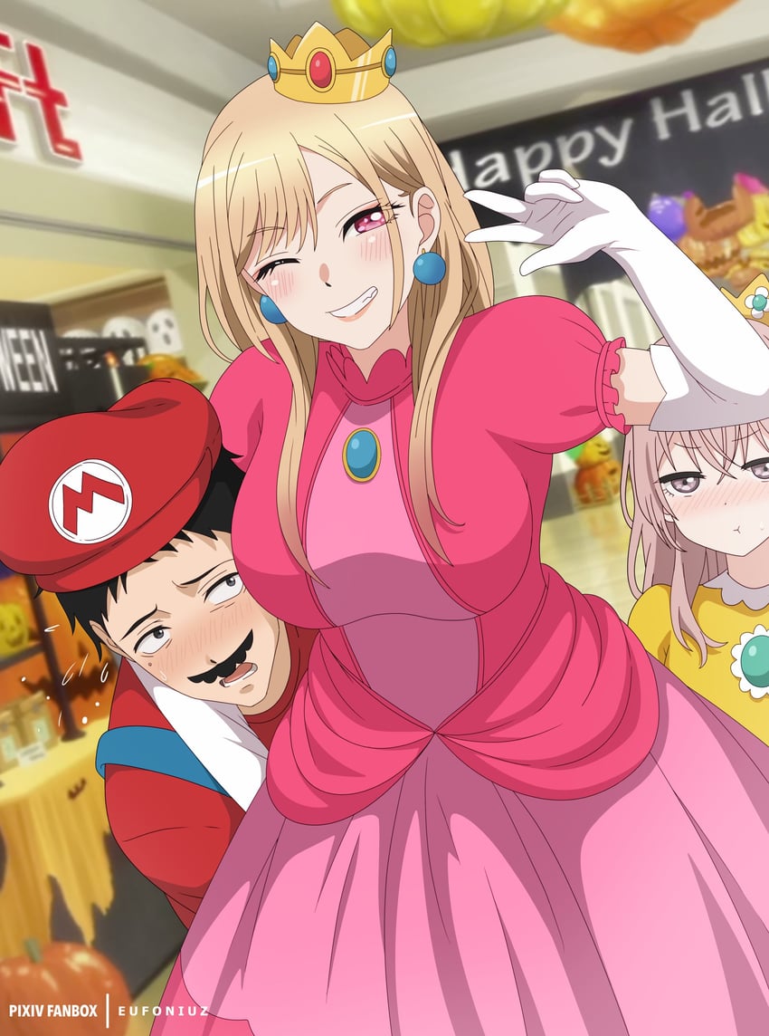 princess peach, mario, kitagawa marin, princess daisy, gojou wakana, and 1 more (mario and 2 more) drawn by eufoniuz