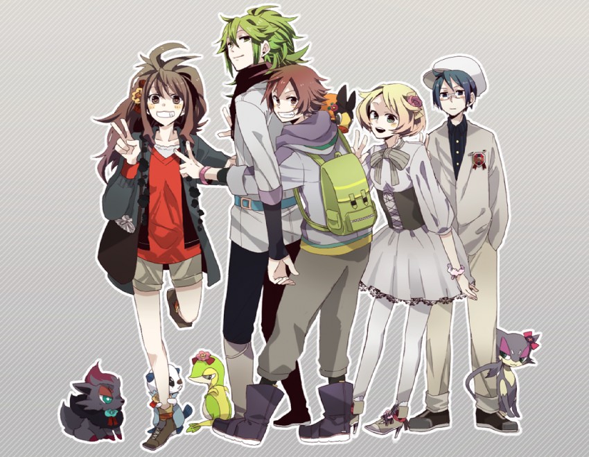 hilda, hilbert, n, oshawott, snivy, and 5 more (pokemon and 1 more) drawn by ikuryomaga