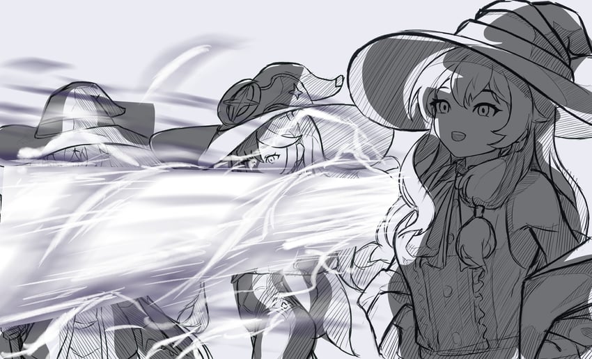 mona, roxy migurdia, and elaina (genshin impact and 2 more) drawn by egalo