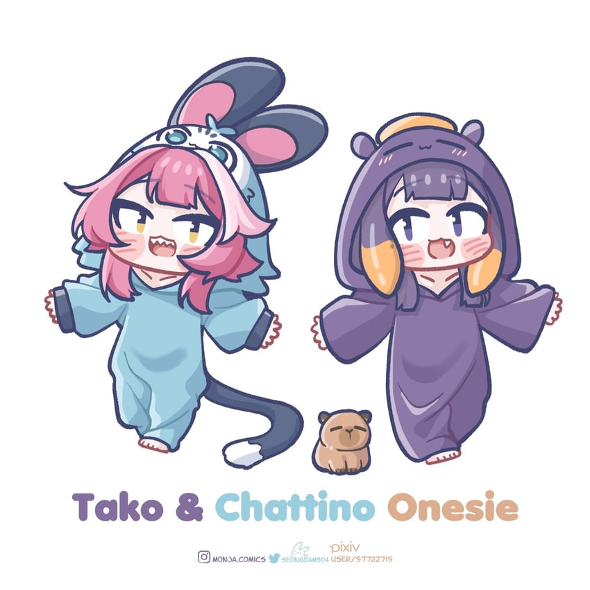 ninomae ina'nis, takodachi, raora panthera, and chattino (hololive and 1 more) drawn by monja_(monja0521)