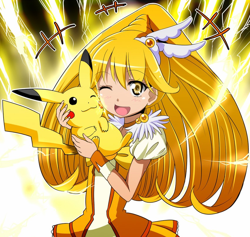 pikachu, kise yayoi, and cure peace (pokemon and 2 more) drawn by kayama_kenji