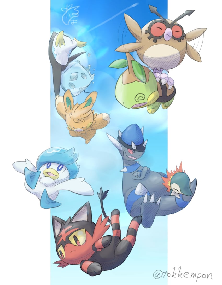 cyndaquil, litten, quaxly, turtwig, pawmi, and 3 more (pokemon) drawn by tokkempon