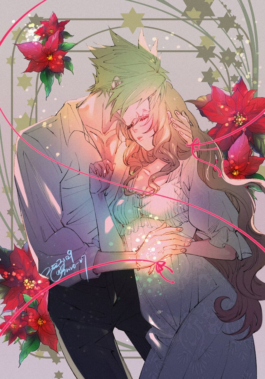 cloud strife and aerith gainsborough (final fantasy and 2 more) drawn by wakakusa-e