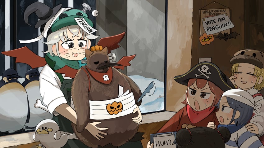 penguin keeper, survey girl, penguin fan, lion shirt boy, and blue haired boy (zookeepers) drawn by diva_(hyxpk)