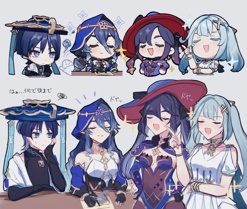scaramouche, wanderer, mona, faruzan, and layla (genshin impact) drawn by moe_(lmi84)