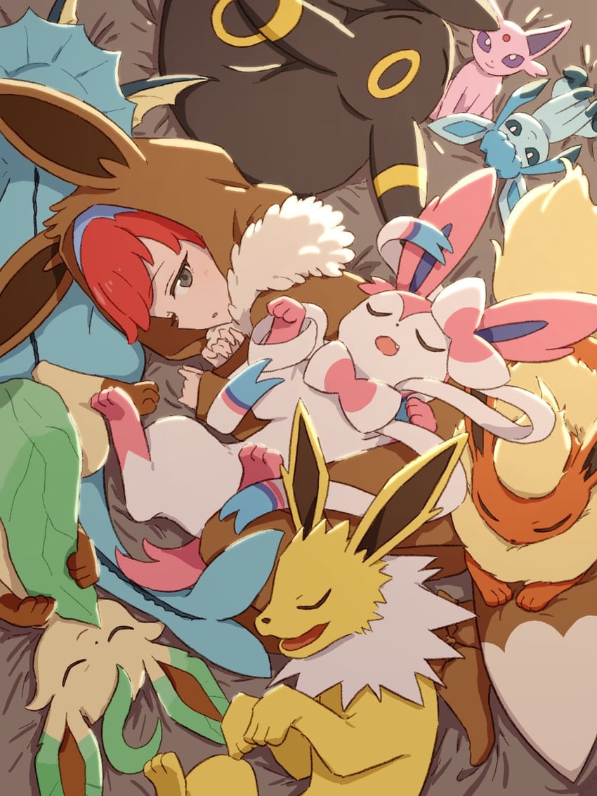 eevee, sylveon, umbreon, glaceon, vaporeon, and 5 more (pokemon and 1 more) drawn by fujiyama_(yellow)