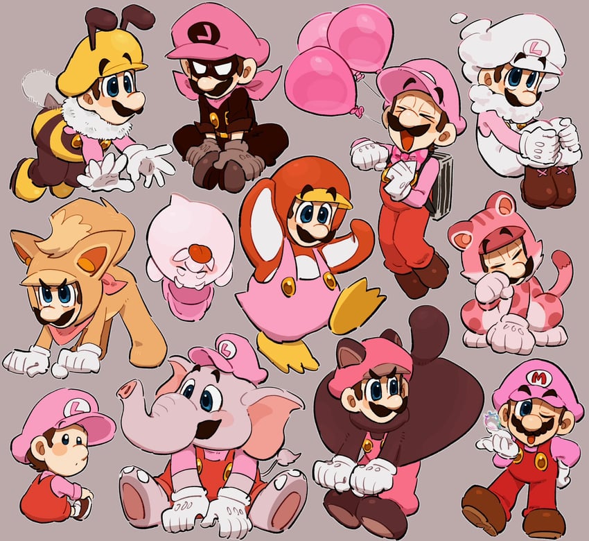 mario, luigi, mr. l, baby luigi, kitsune luigi, and 9 more (mario and 10 more) drawn by mimimi_(mimimim9999)