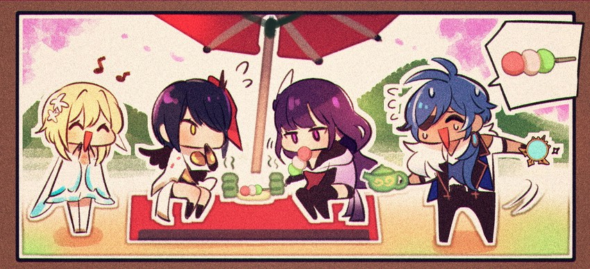 lumine, raiden shogun, kaeya, and kujou sara (genshin impact) drawn by enpitsu01