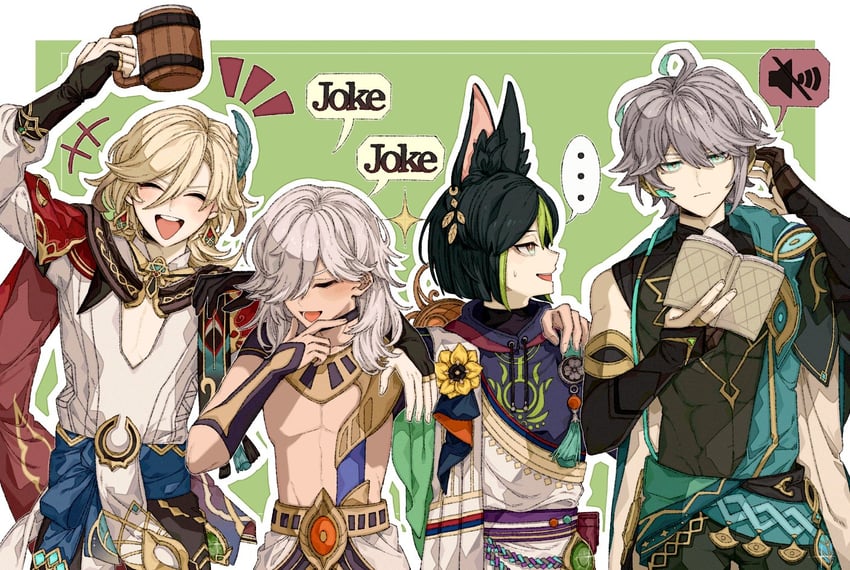 alhaitham, tighnari, kaveh, and cyno (genshin impact) drawn by lira_(zag3w)