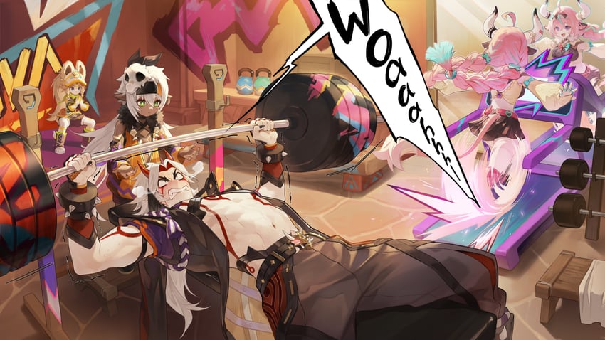 arataki itto, varesa, kachina, and iansan (genshin impact) drawn by masa_ashe