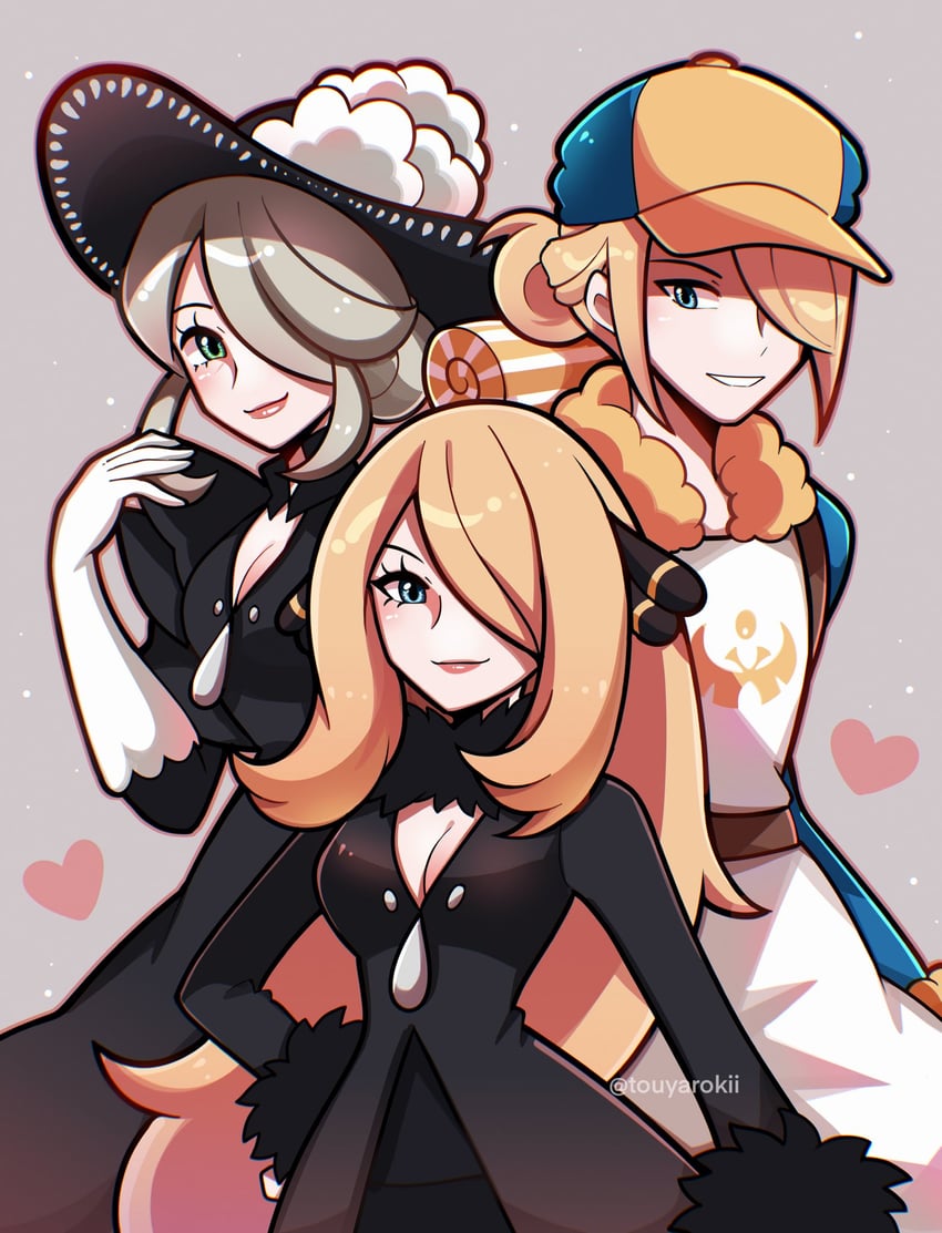 cynthia, volo, and cogita (pokemon and 2 more) drawn by touyarokii
