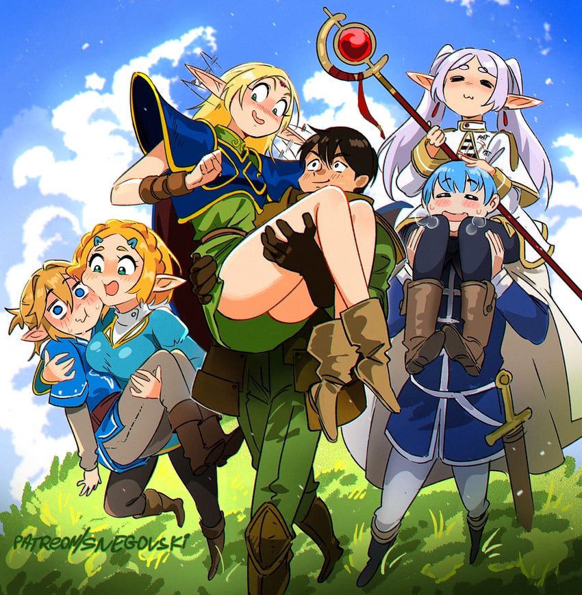 link, princess zelda, frieren, himmel, deedlit, and 1 more (the legend of zelda and 3 more) drawn by snegovski