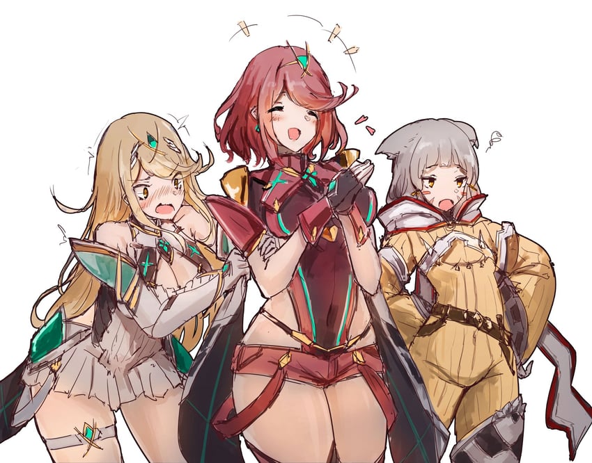 pyra, mythra, and nia (xenoblade chronicles and 1 more) drawn by haguruma_c