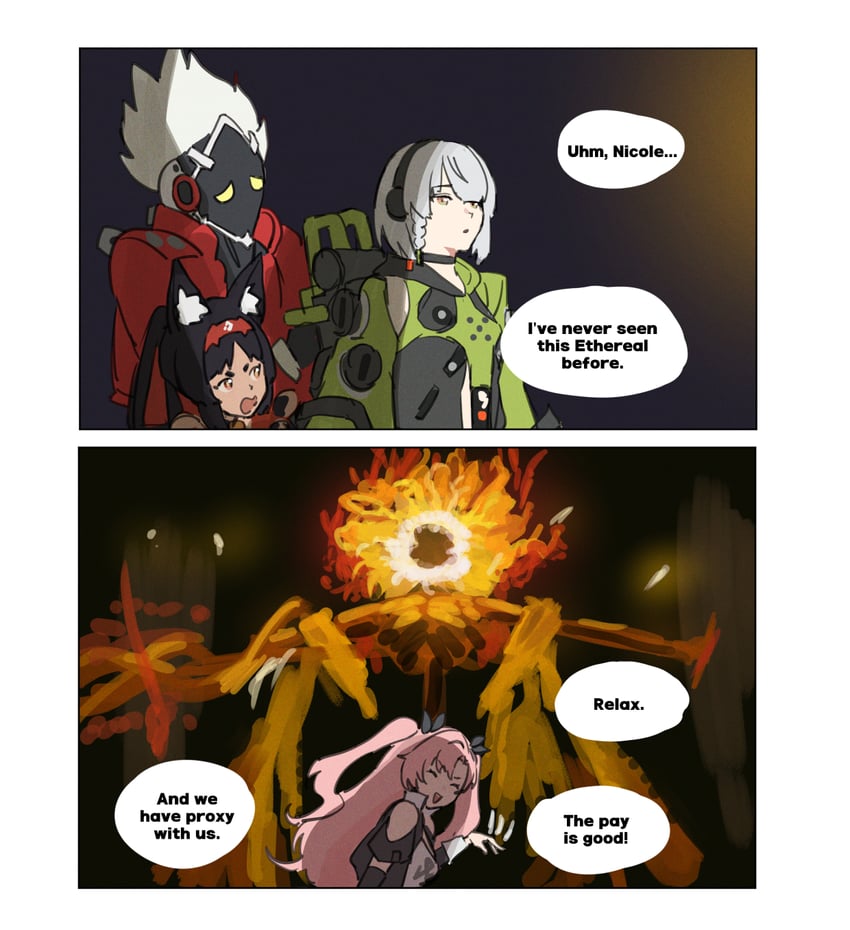 nicole demara, anby demara, nekomiya mana, billy kid, and midra lord of frenzied flame (zenless zone zero and 2 more) drawn by fikkyun