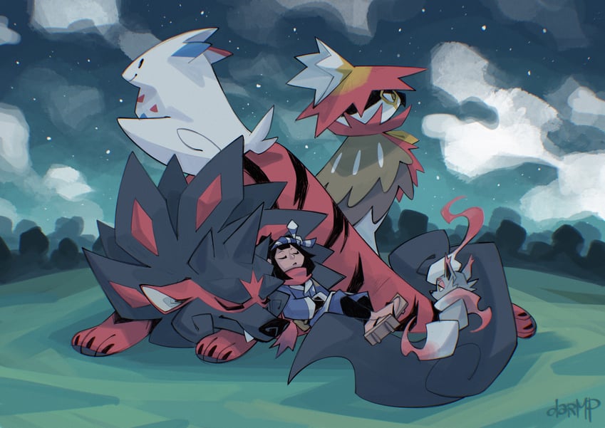 akari, hisuian zorua, togekiss, hisuian decidueye, and hisuian arcanine (pokemon and 1 more) drawn by dar-draws