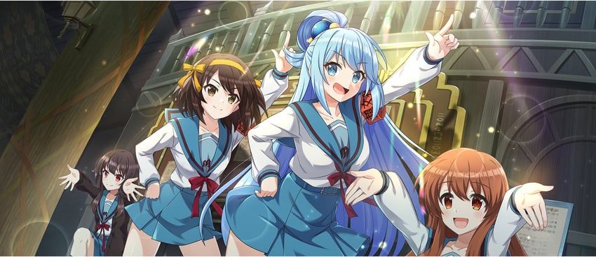 suzumiya haruhi, nagato yuki, megumin, aqua, and asahina mikuru (suzumiya haruhi no yuuutsu and 2 more)
